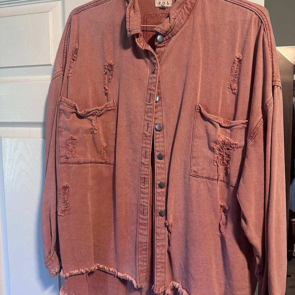 Distressed Pink Button-Up Shacket